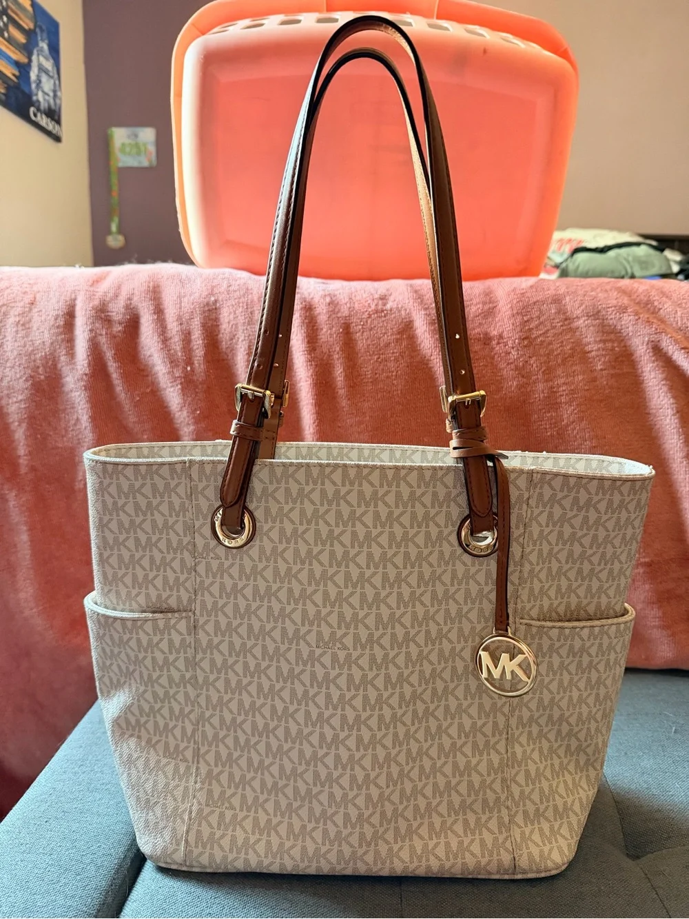 Michael Kors Beige Signature MK Tote with Brown Leather Straps